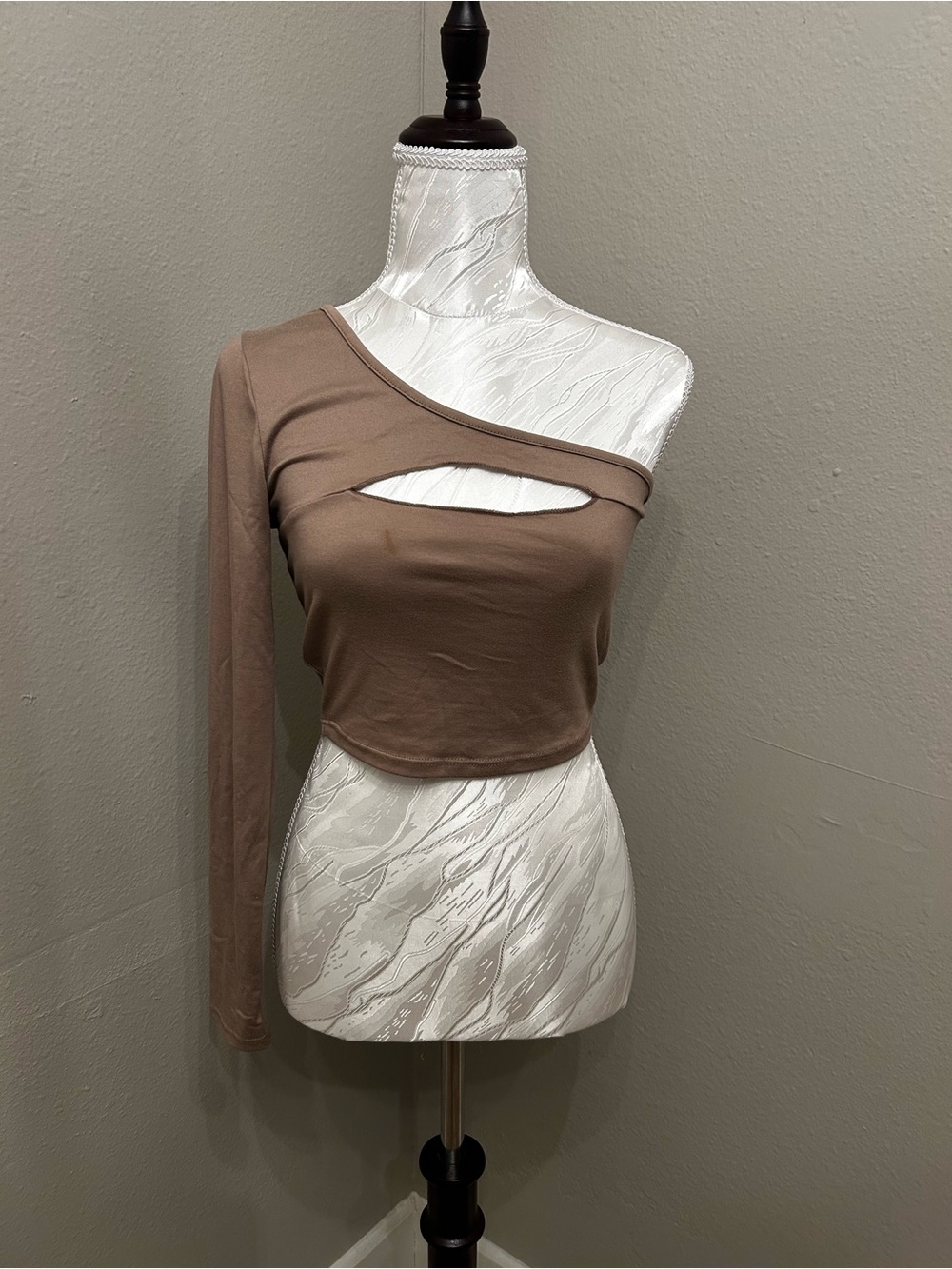 One-Shoulder Cutout Crop Top in Taupe